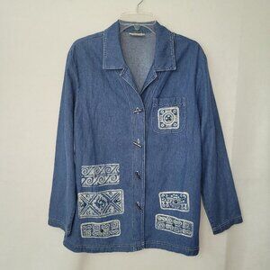 Nina Piccalino Shirt Womens 8 Blue Denim Beaded Toggle Jacket Shacket‎ Vintage